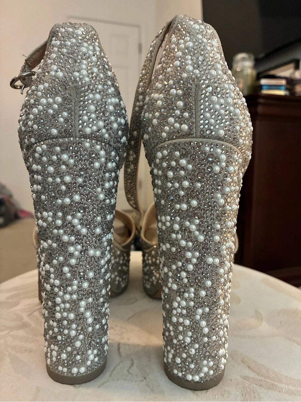 Steve Madden Ivory Pearl & Crystal Platform Heels